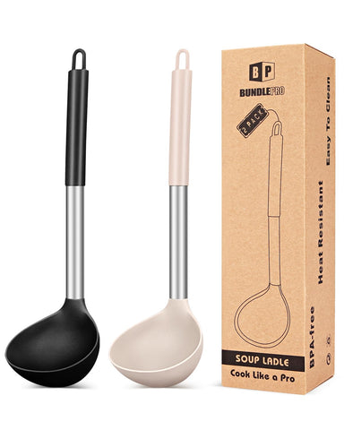 Bundlepro ladle spoon silicone head for safe serving of hot soups without scratching pots.