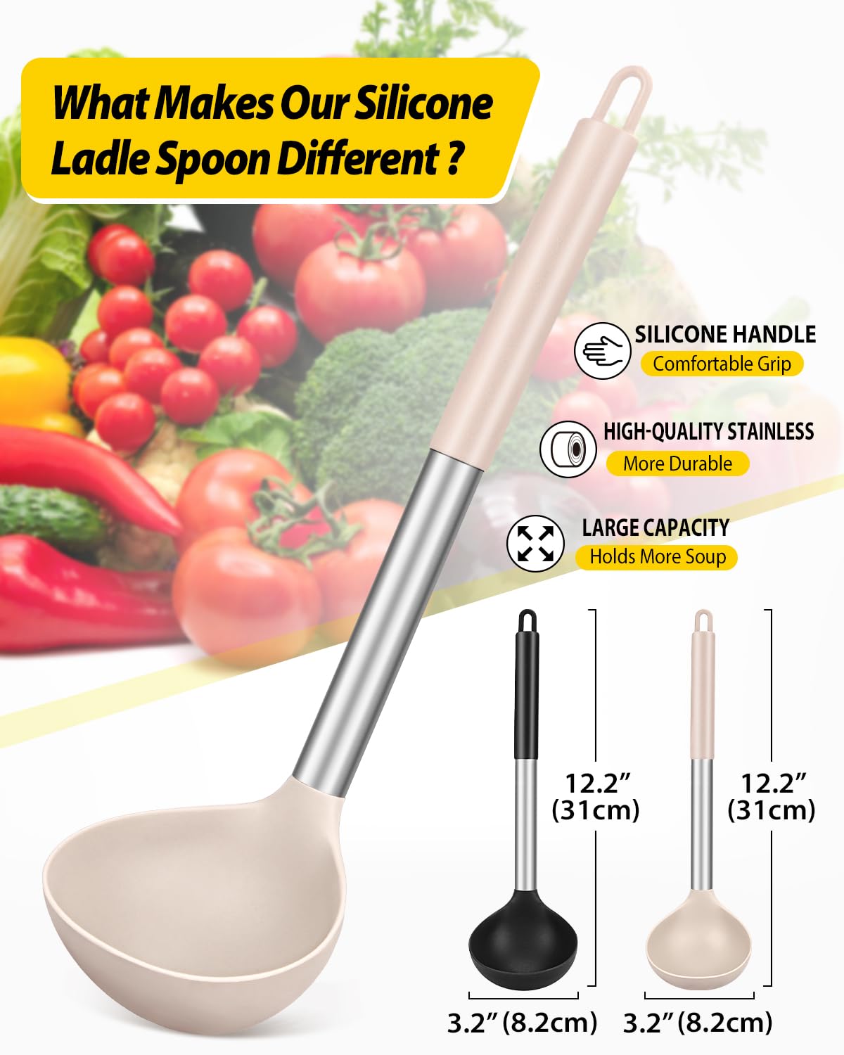 Bundlepro ladle spoon close-up shows high-heat resistant handle for comfortable grip.