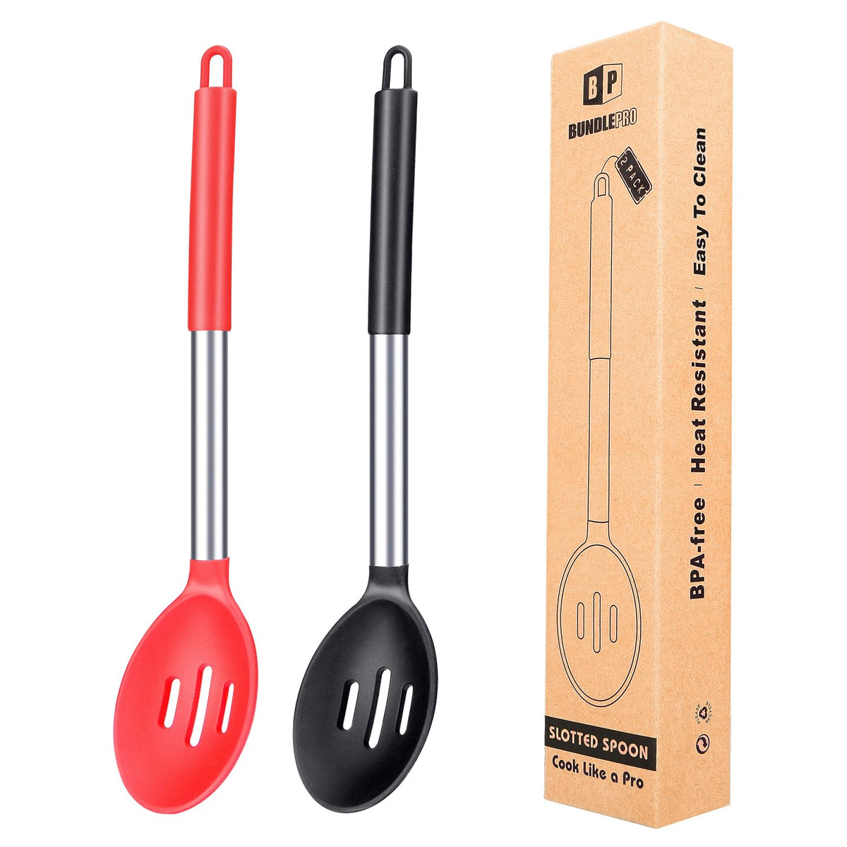Bundlepro large silicone slotted spoon in black and red for safe, high-heat cooking.