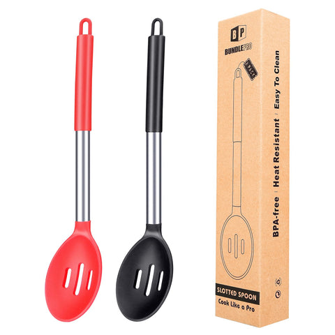 Bundlepro large silicone slotted spoon in black and red for safe, high-heat cooking.