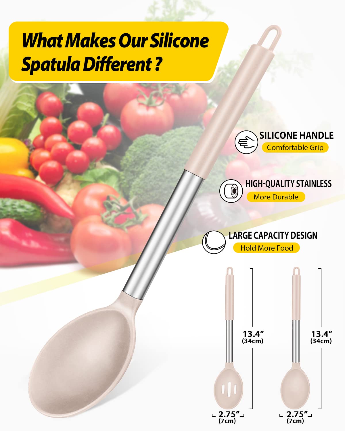 BUNDLEPRO large silicone slotted spoon drains liquids quickly while serving.