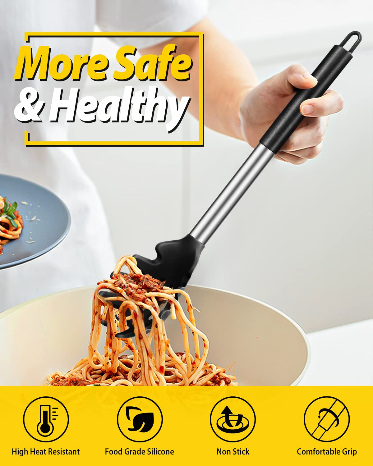 BundlePRO non-stick silicone utensils with rust-free 18/8 stainless core for lasting use.