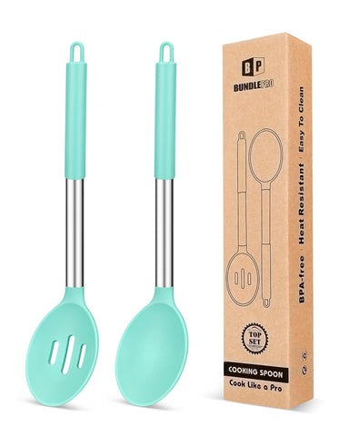Bundlepro pack of 2 large silicone cooking spoons in green for versatile kitchen tasks.