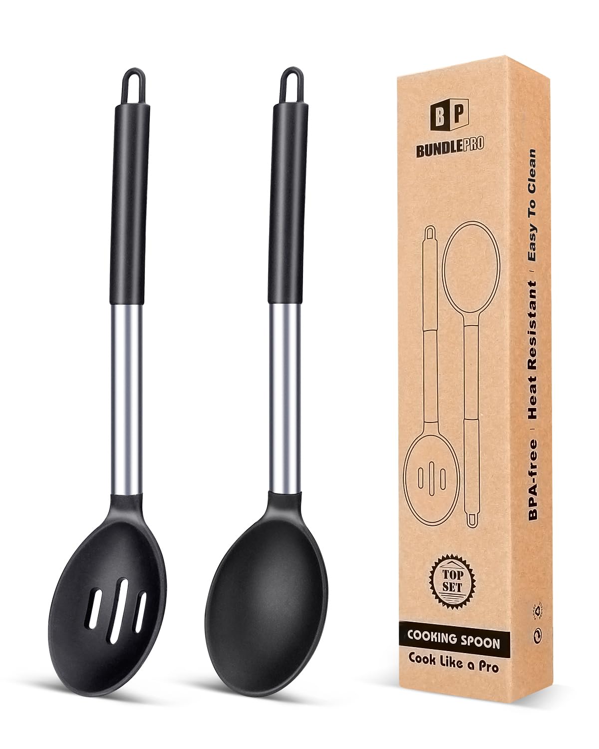 BundlePro large silicone spoons in black, non-stick and heat-resistant.