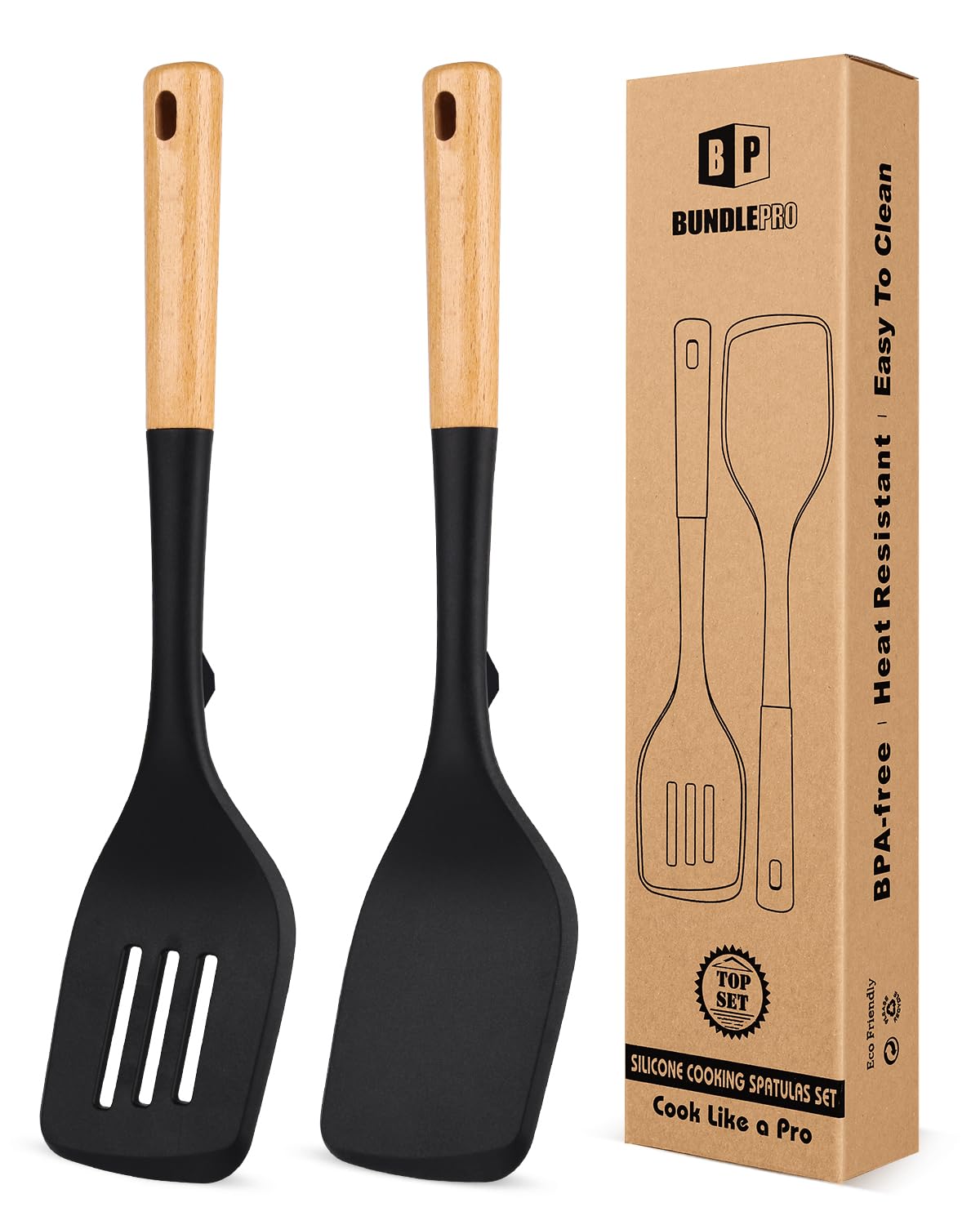 Bundlepro pack of 2 silicone spatulas with black wooden handles for versatile cooking