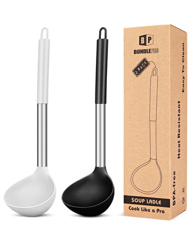 BundlePRO silicone ladle head close-up showing soft, non-scratch surface for safe stirring.