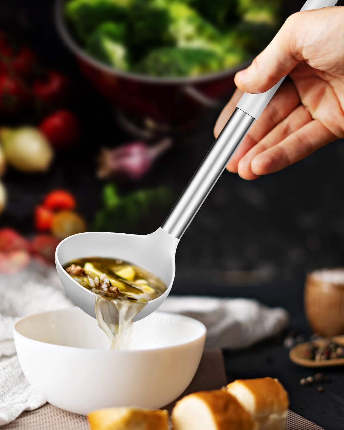 BundlePRO ladle demonstrates non-stick friendly silicone head protects cookware coatings.