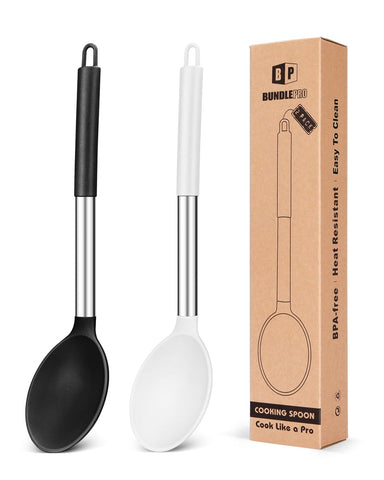 Bundlepro pack2 large silicone spoons with black and white heads for safe non-stick cooking.