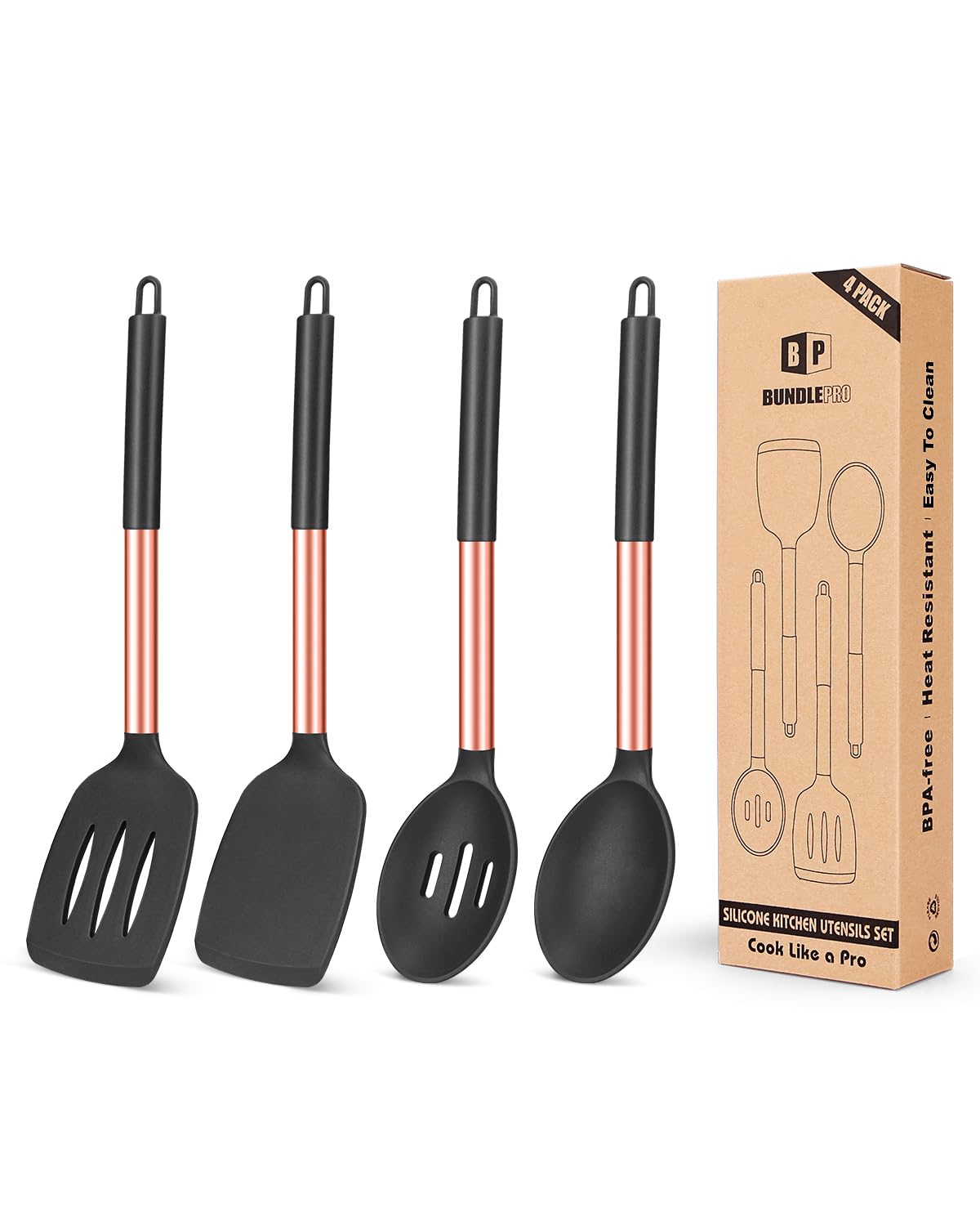 Bundlepro four-piece silicone utensil set with rose gold and black finish for safe nonstick cooking