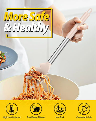 Bundlepro pasta fork and ladle set with silicone heads protecting nonstick pots.