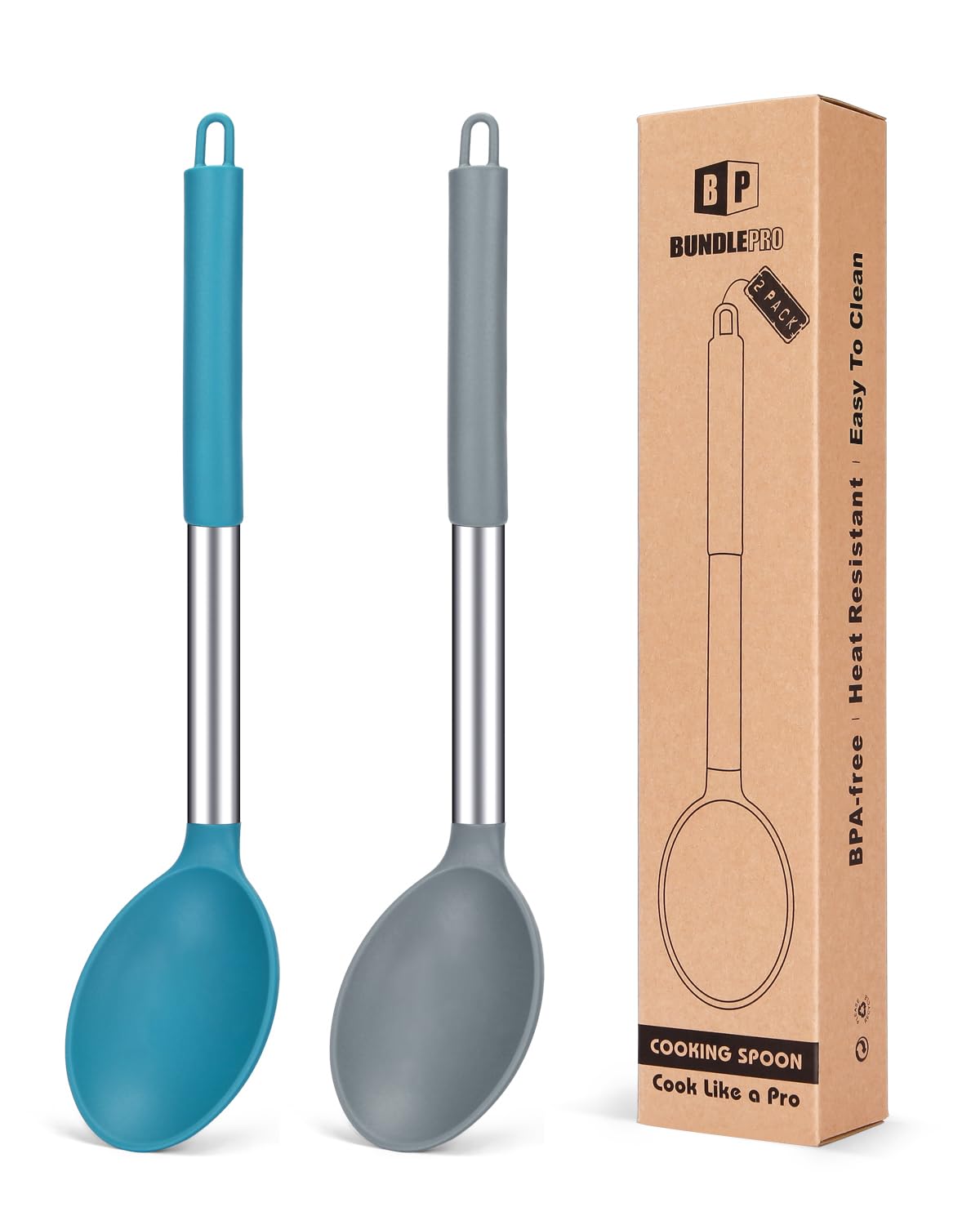 Bundlepro silicone cooking spoons two-pack in gray-blue, heat resistant for safe stirring.
