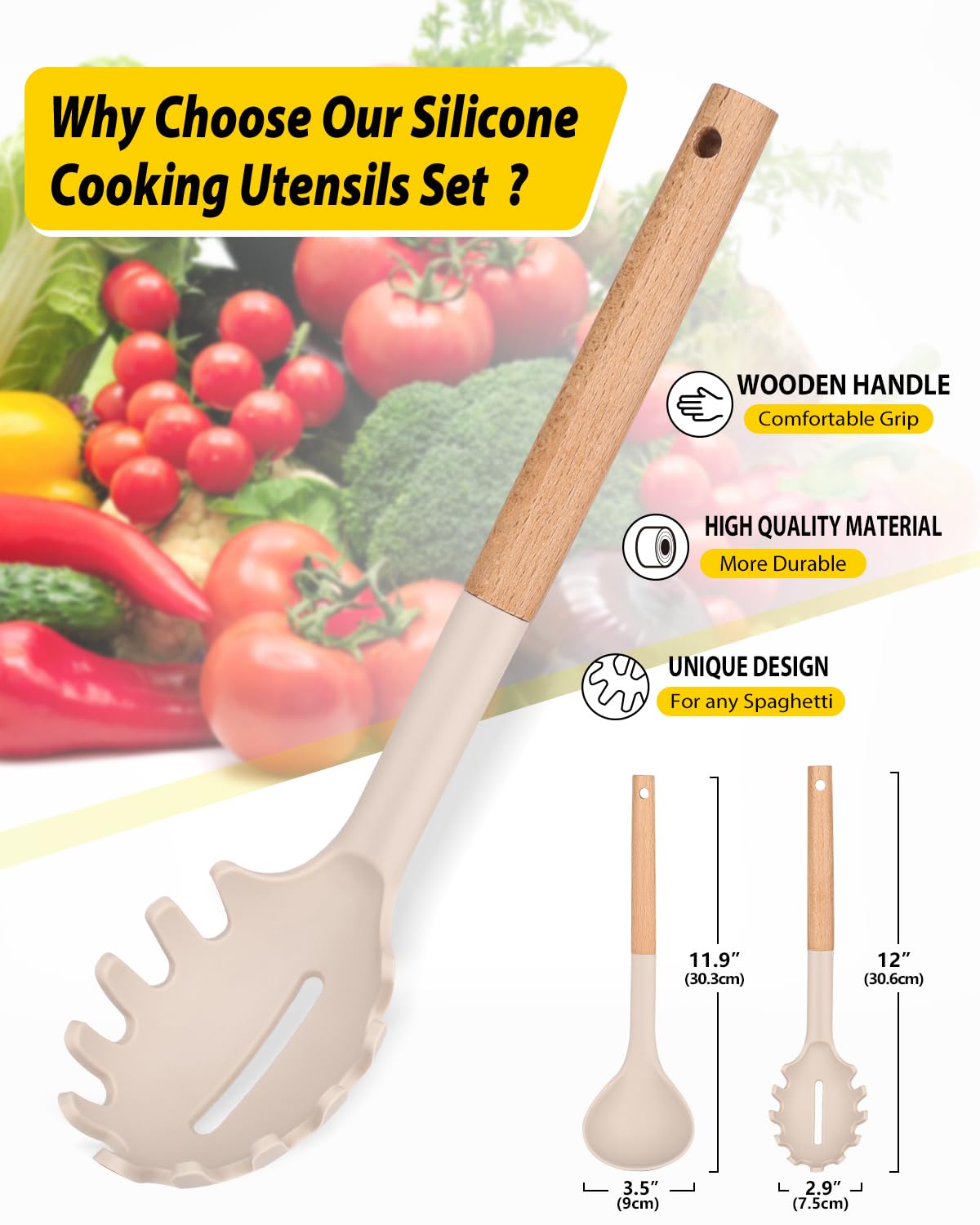 Bundlepro silicone ladle with wooden handle for comfortable stirring.