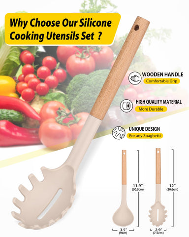 Bundlepro silicone ladle with wooden handle for comfortable stirring.
