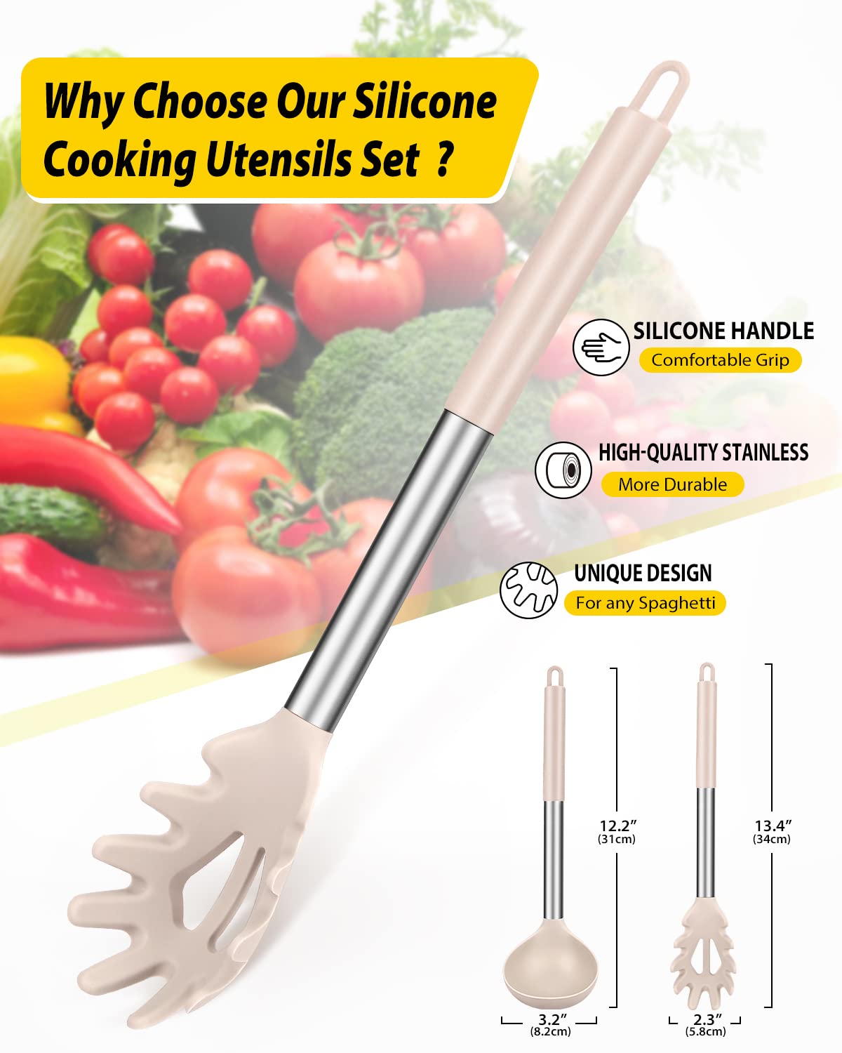 Bundlepro silicone ladle khaki with deep bowl for soups and sauces.