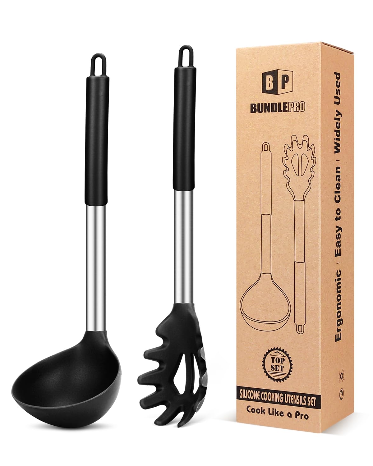 BundlePRO silicone pasta fork in black lifts noodles safely without scratching cookware.