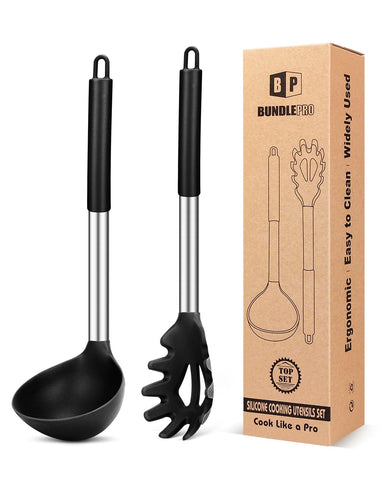 BundlePRO silicone pasta fork in black lifts noodles safely without scratching cookware.