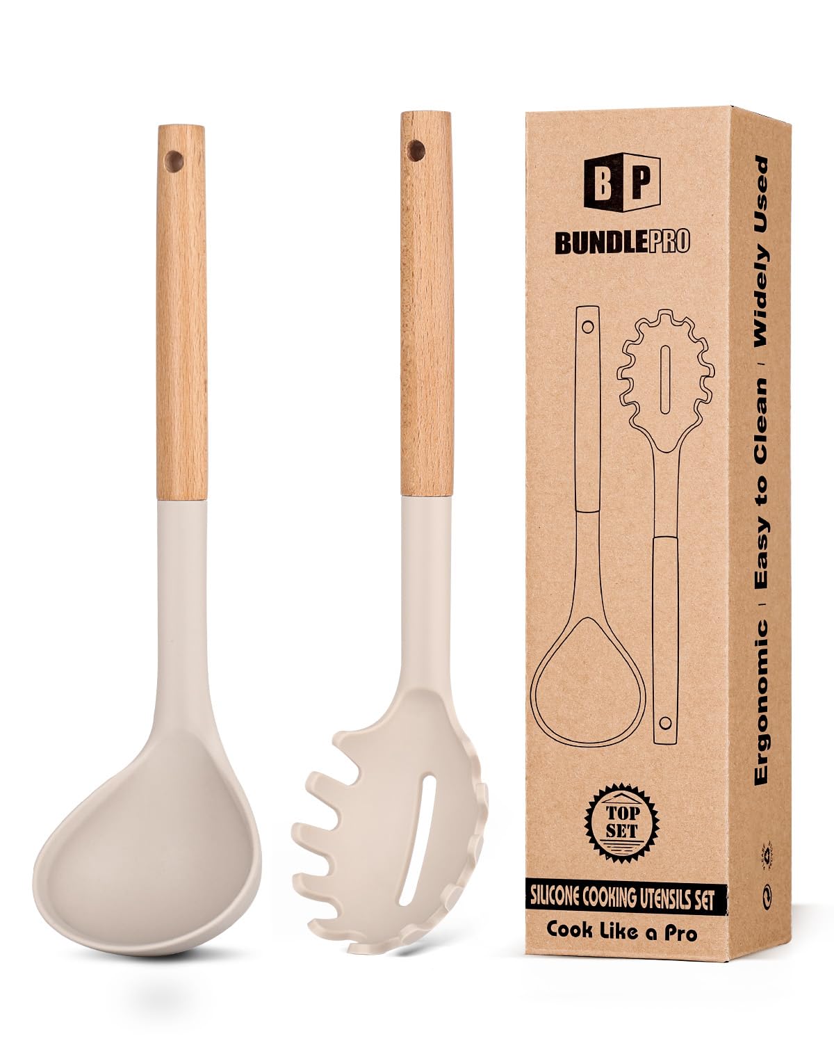 Bundlepro silicone pasta fork in khaki for safe nonstick pasta serving.