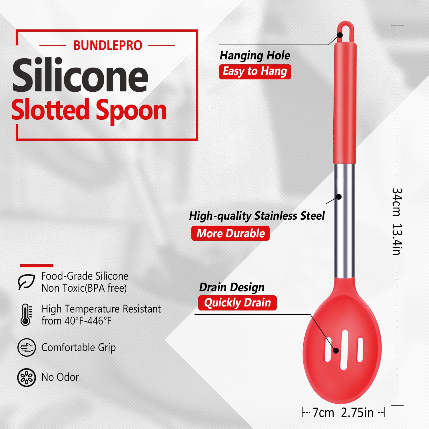 Closeup of Bundlepro silicone slotted spoon head showing heat-resistant, non-scratch surface.