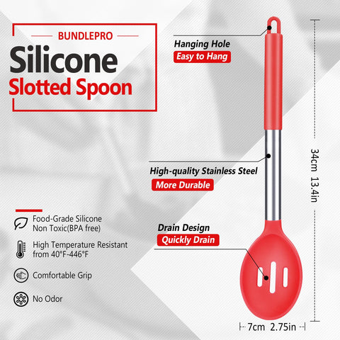 Closeup of Bundlepro silicone slotted spoon head showing heat-resistant, non-scratch surface.