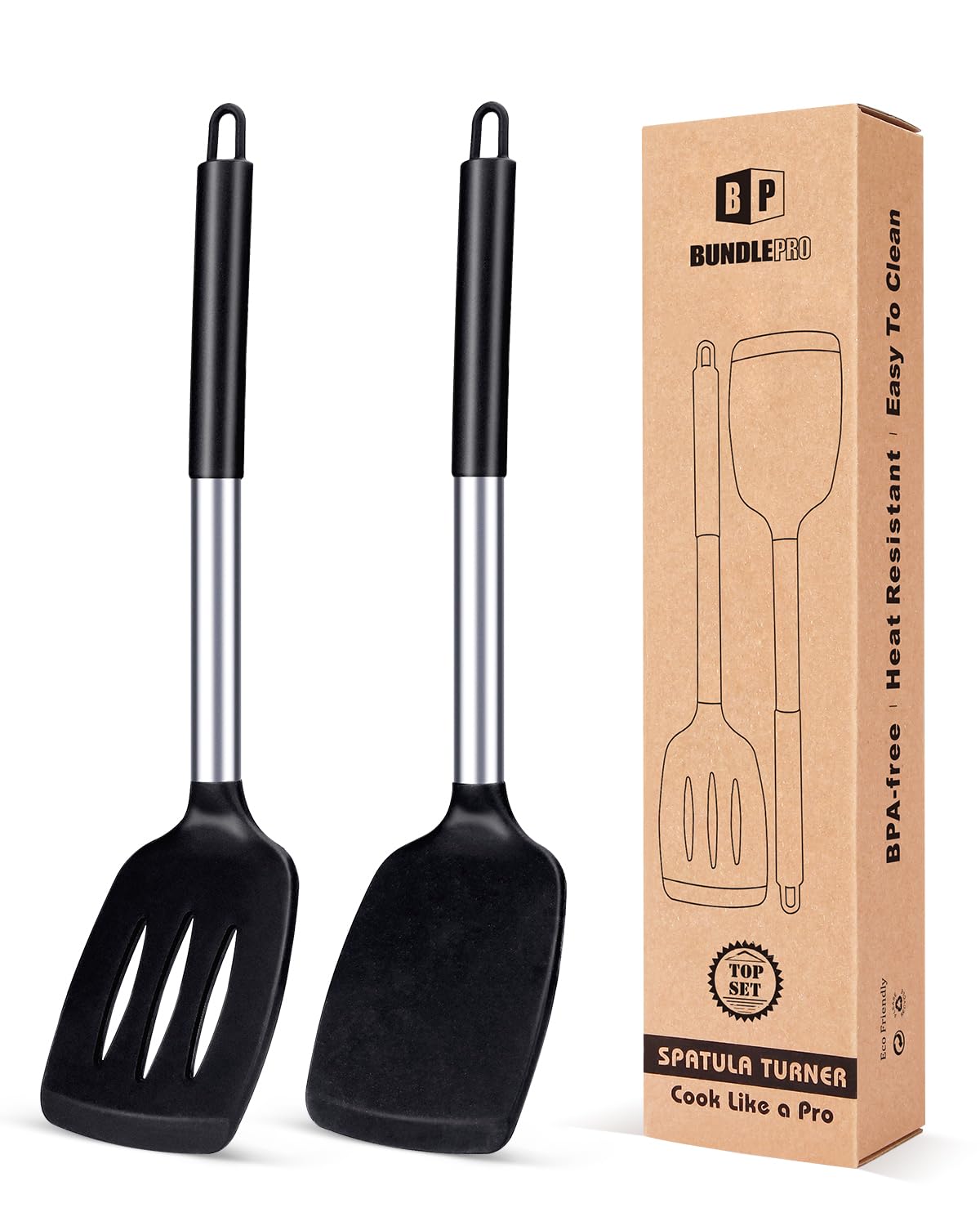 Bundlepro silicone solid turner black with ergonomic handle protects cookware coatings