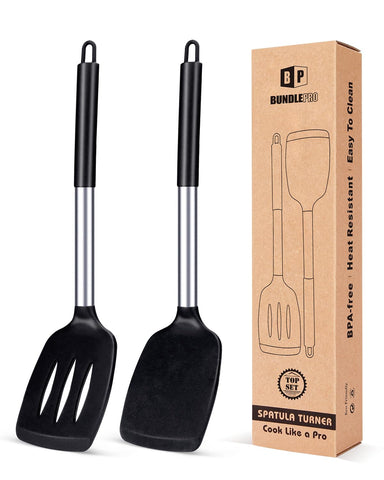 Bundlepro silicone solid turner black with ergonomic handle protects cookware coatings