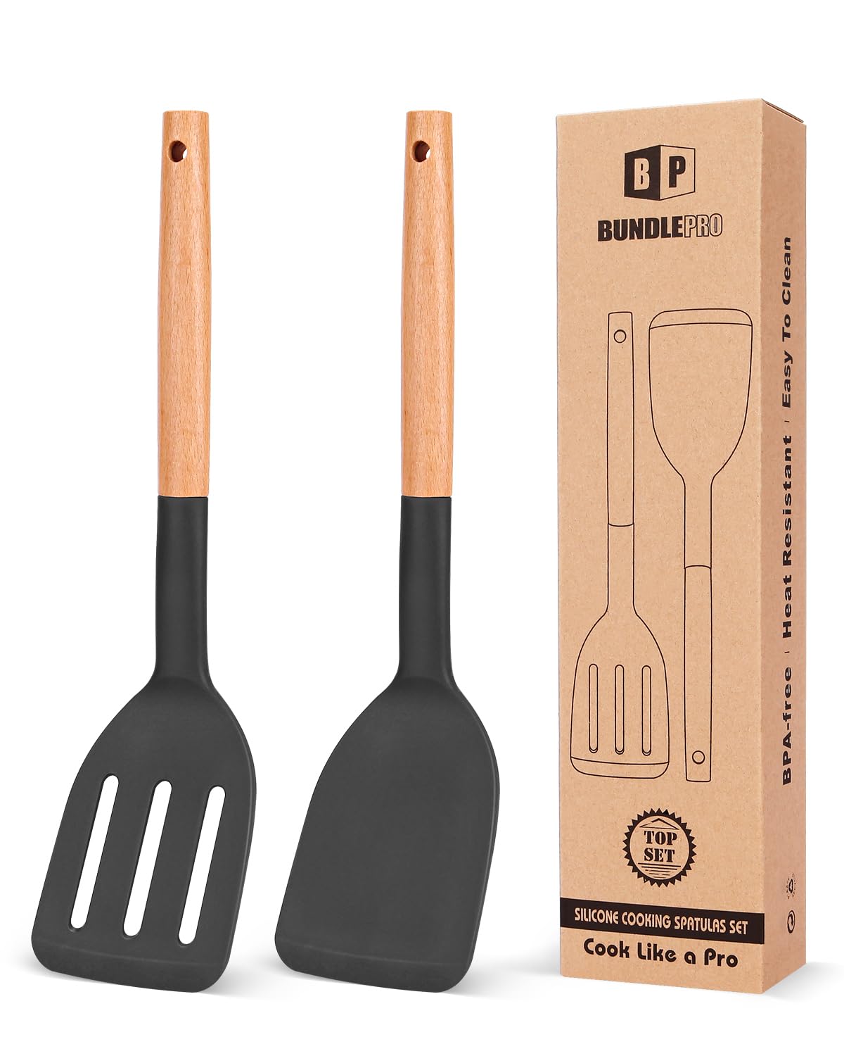 Bundlepro silicone spatula set with wooden short handle for nonstick protection