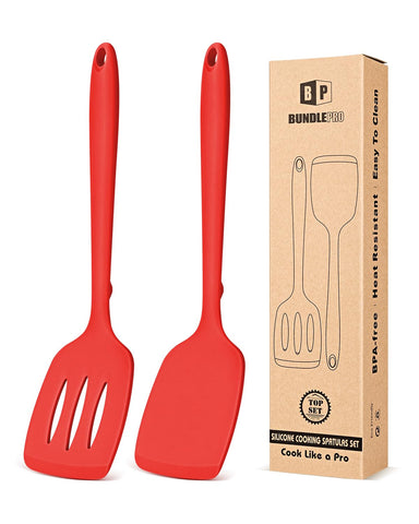 BUNDLEPRO silicone spatula turner slotted red for safe non-stick flipping
