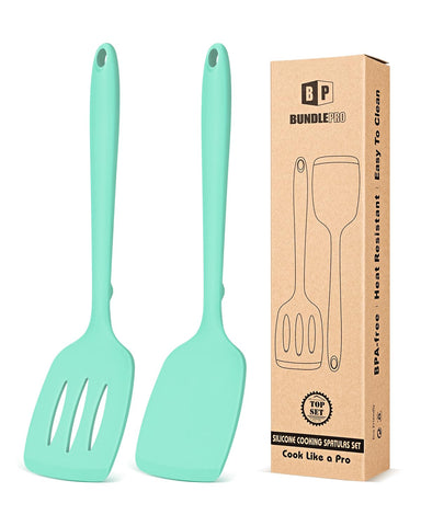 Bundlepro green silicone spatula turners, slotted and solid set, for safe non-stick cooking.