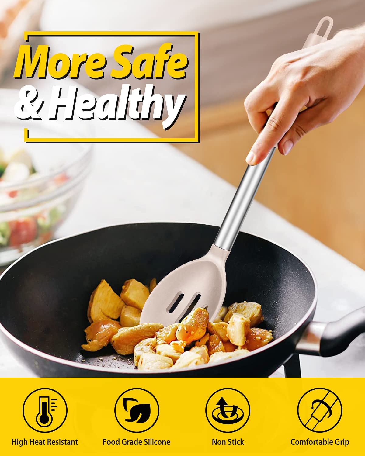 BUNDLEPRO silicone spoon is heat-resistant and safe on nonstick cookware.
