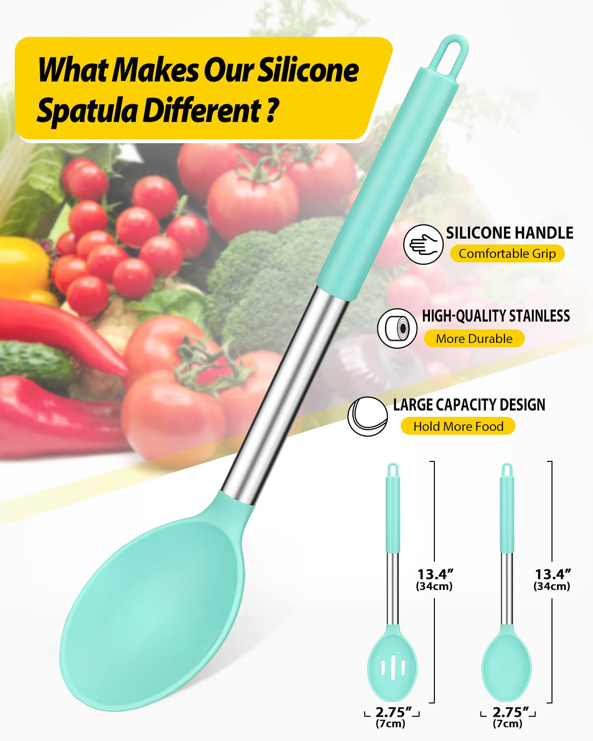 Bundlepro silicone spoons with non-stick heads in green protect cookware and prevent scratching.
