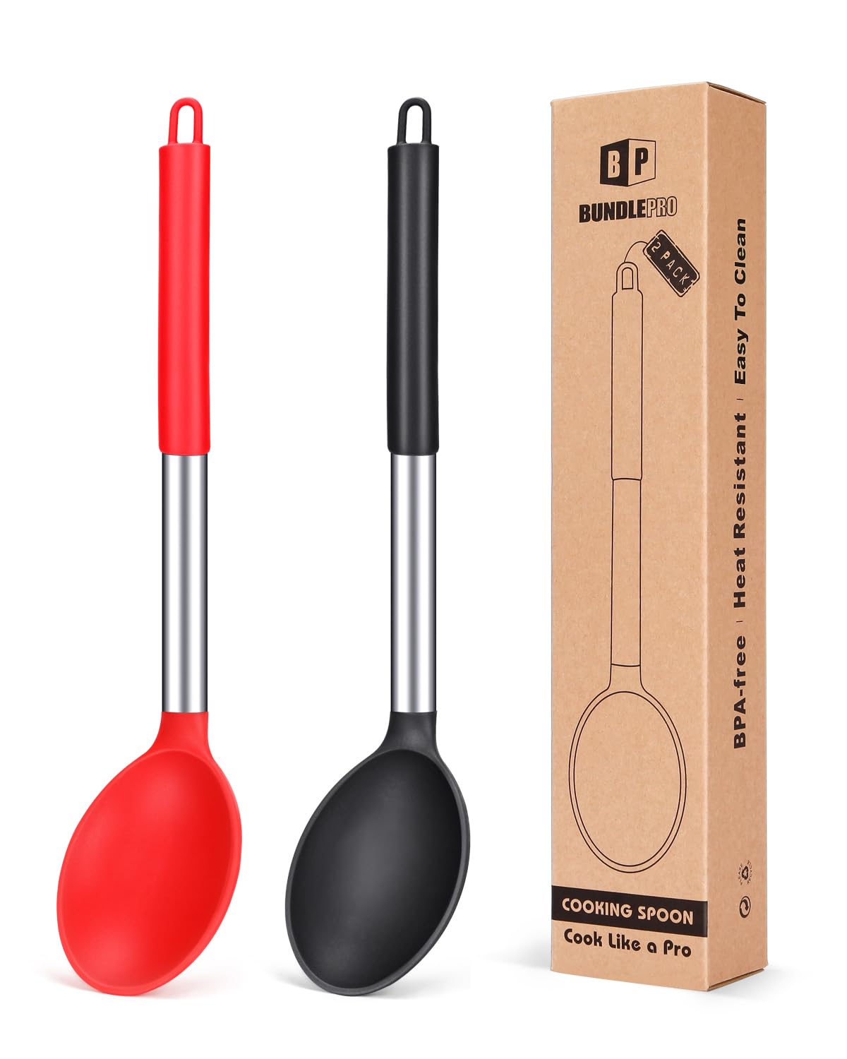 BundlePro silicone spoons front view, heat-resistant heads protect cookware.