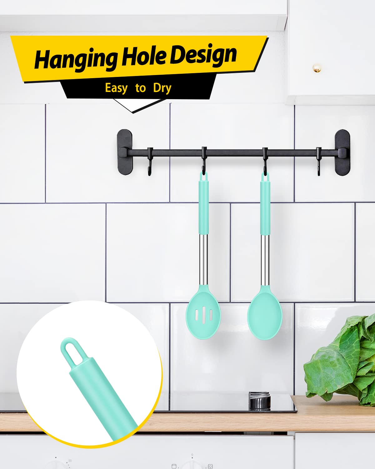 Bundlepro slotted silicone spoon in green drains liquids quickly while serving foods.