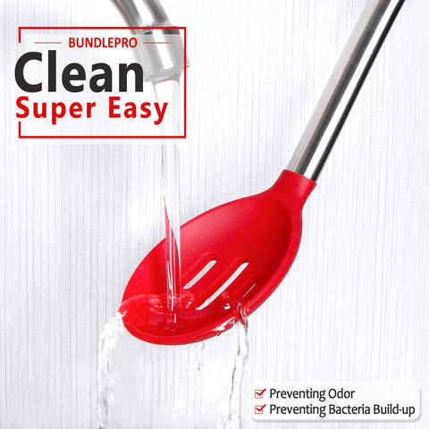 Slotted spoon from Bundlepro draining and frying to improve kitchen efficiency.