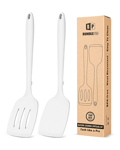 Bundlepro slotted white spatula ready to drain excess liquid from food