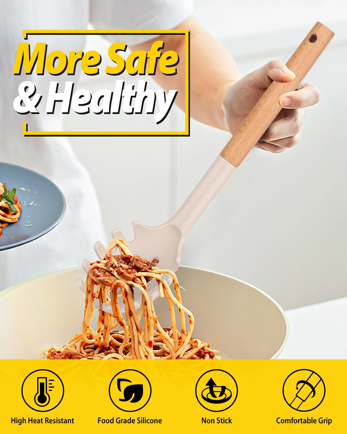 Bundlepro wooden-handle utensil showing cool-to-touch grip during cooking.