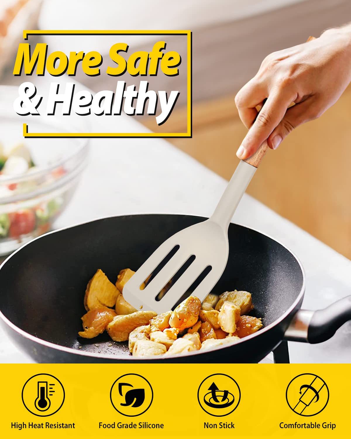 Bundlepro wooden short-handle spatula offers a cool, comfortable grip.