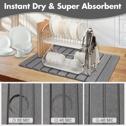 Bunmery dark gray drying mat hides stains while drying dishes.
