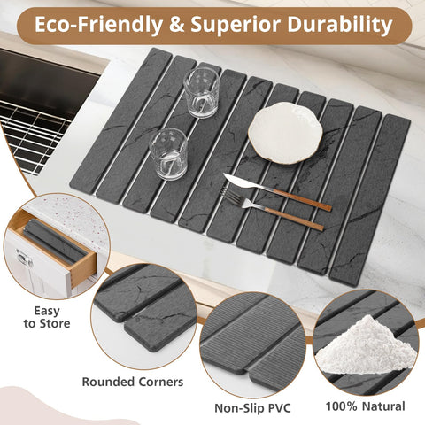 Bunmery foldable stone drying mat saves cabinet space when not in use.