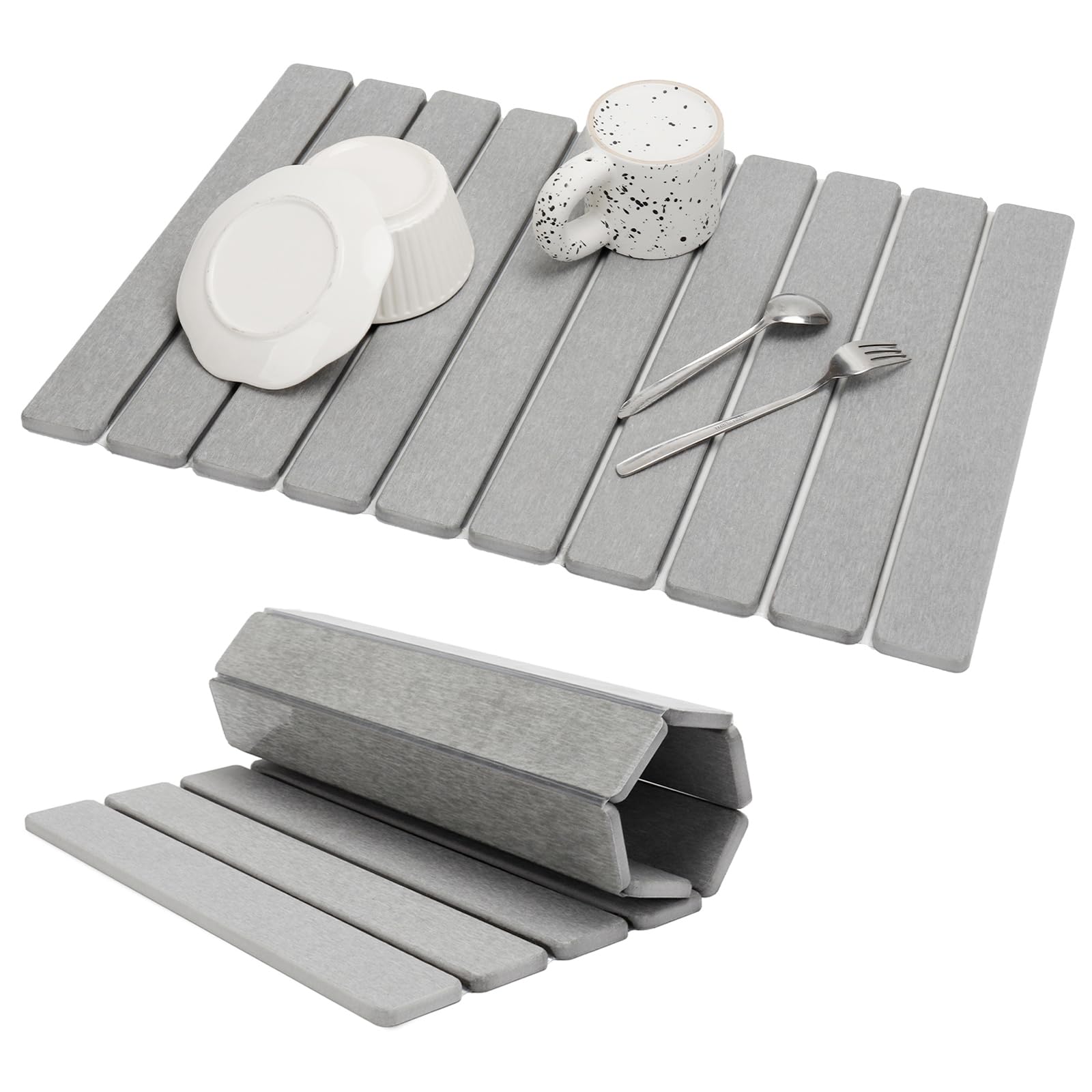 Bunmery large stone drying mat on a kitchen counter showing quick moisture absorption.
