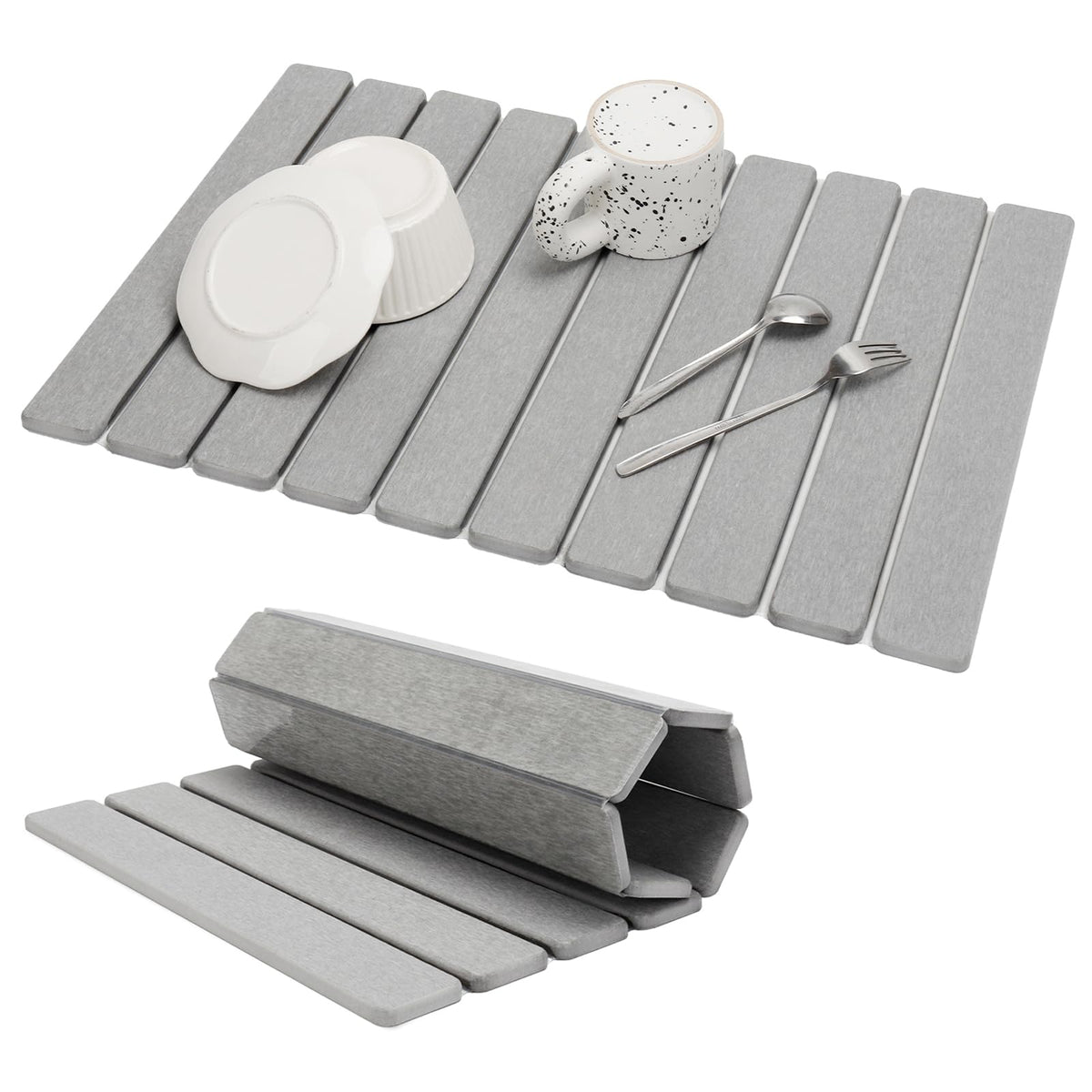 Bunmery large stone drying mat on a kitchen counter showing quick moisture absorption.