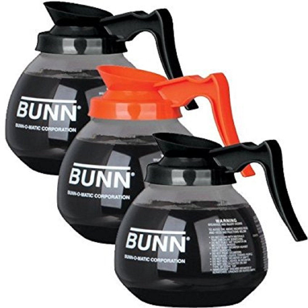 Bunn regular black front view decanter shows durable glass for daily coffee service.