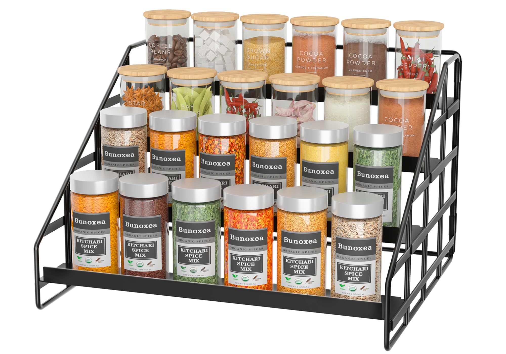 Bunoxea four-tier spice rack, front view shows clear spice visibility.