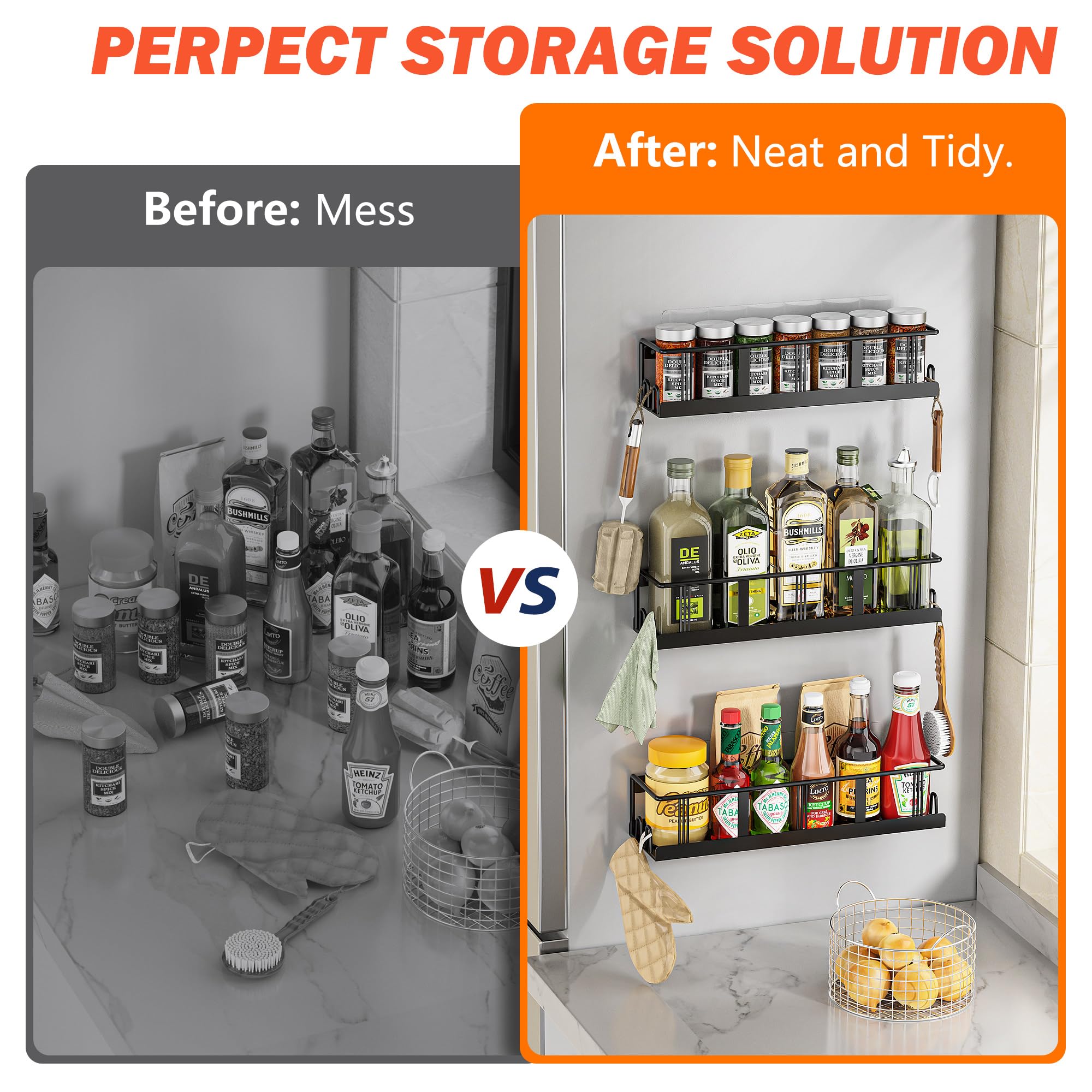 Two installation options: screws and adhesive hooks for Bunoxea spice rack