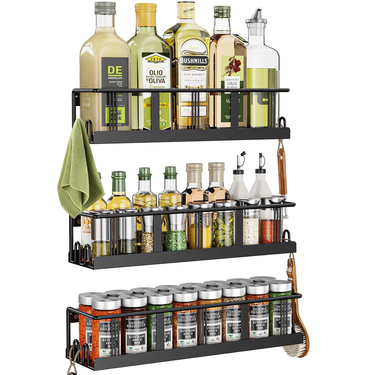 Bunoxea Spice Rack wall mounted 3-pack on pantry door showing organized jars and space savings