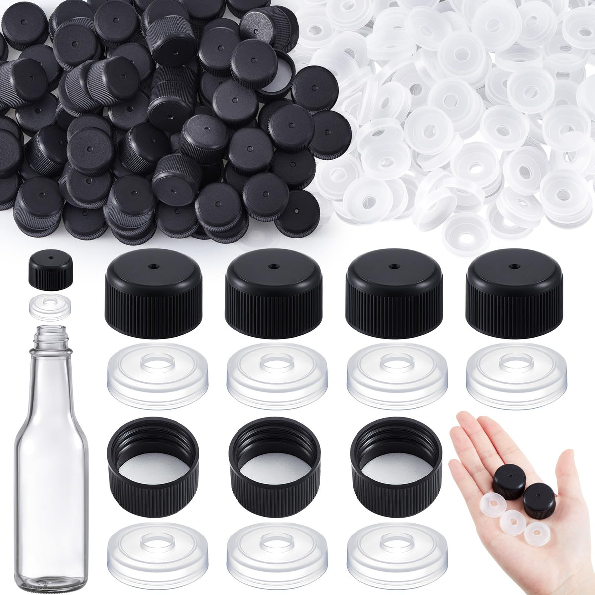 Burbell bulk black caps for quick hot sauce bottle replacements.