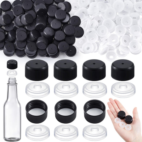 Burbell bulk black caps for quick hot sauce bottle replacements.