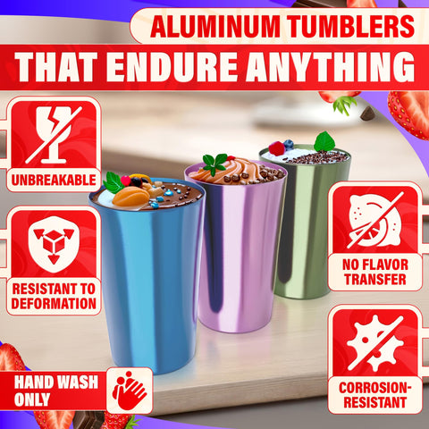 BURIUS dishwasher-safe aluminum cups ready for quick cleanup after events.