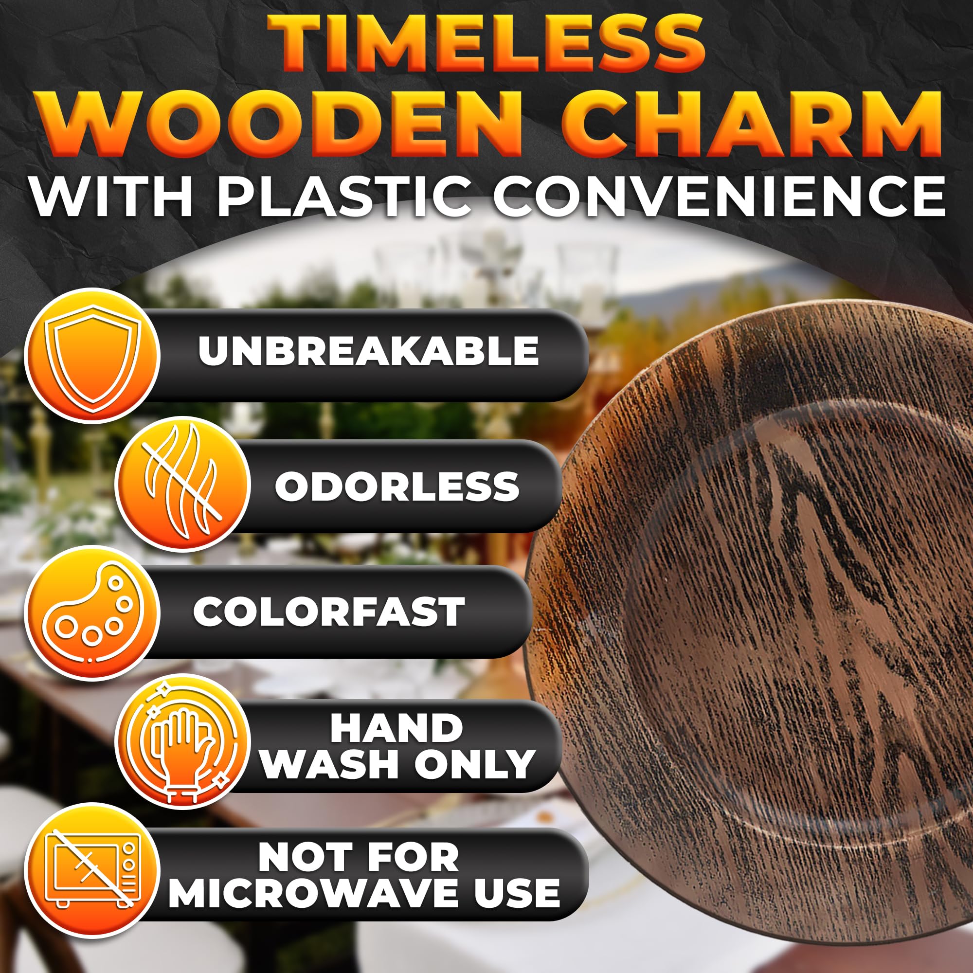 13-inch brown chargers by BURIUS enhance country-style tables with elegant warmth.