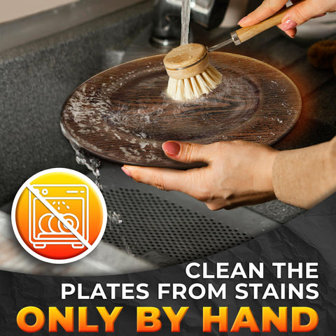 Colorfast faux-wood texture provides timeless appeal without staining or fading — BURIUS chargers.