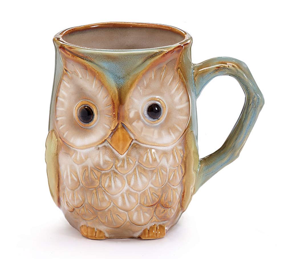 Burton & Burton owl coloring mug with blue-green glaze, microwave and dishwasher safe.